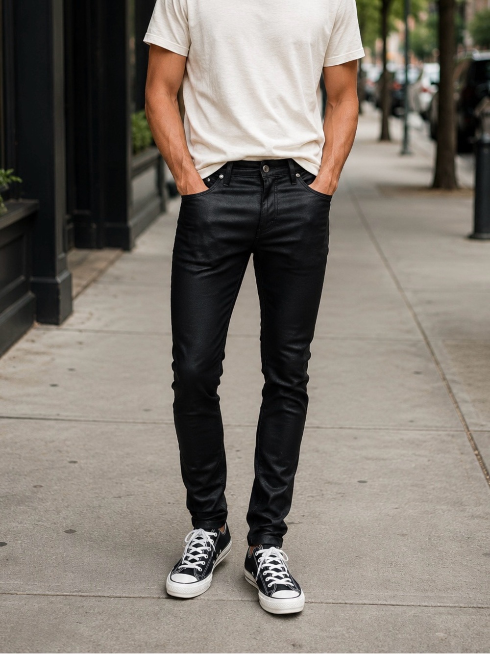 mnml M1 Black Wax Coated Stretch Skinny Jeans 30 Ankle Zip
